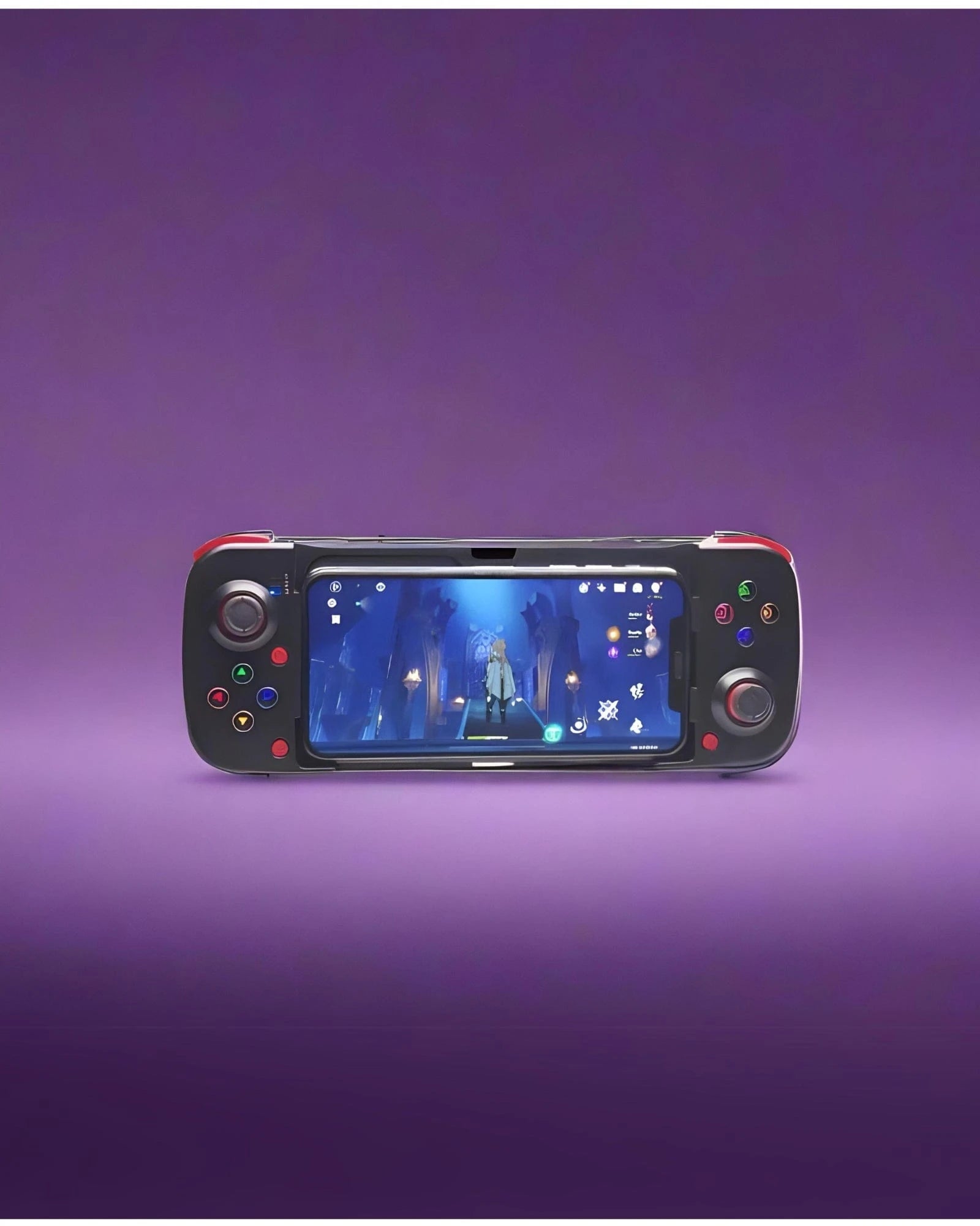 a modern gaming controller, prominently displayed against a dark background. The controller has an ergonomic design with curves for comfortable grip. It features standard buttons, analog sticks, and a directional pad, indicating it’s meant for comprehensive gameplay experiences. The object is illuminated by vibrant purple and blue lights from the sides, creating an aesthetic glow and emphasizing the controller’s shape. The background is dark which makes the colorful illumination stand out even more.