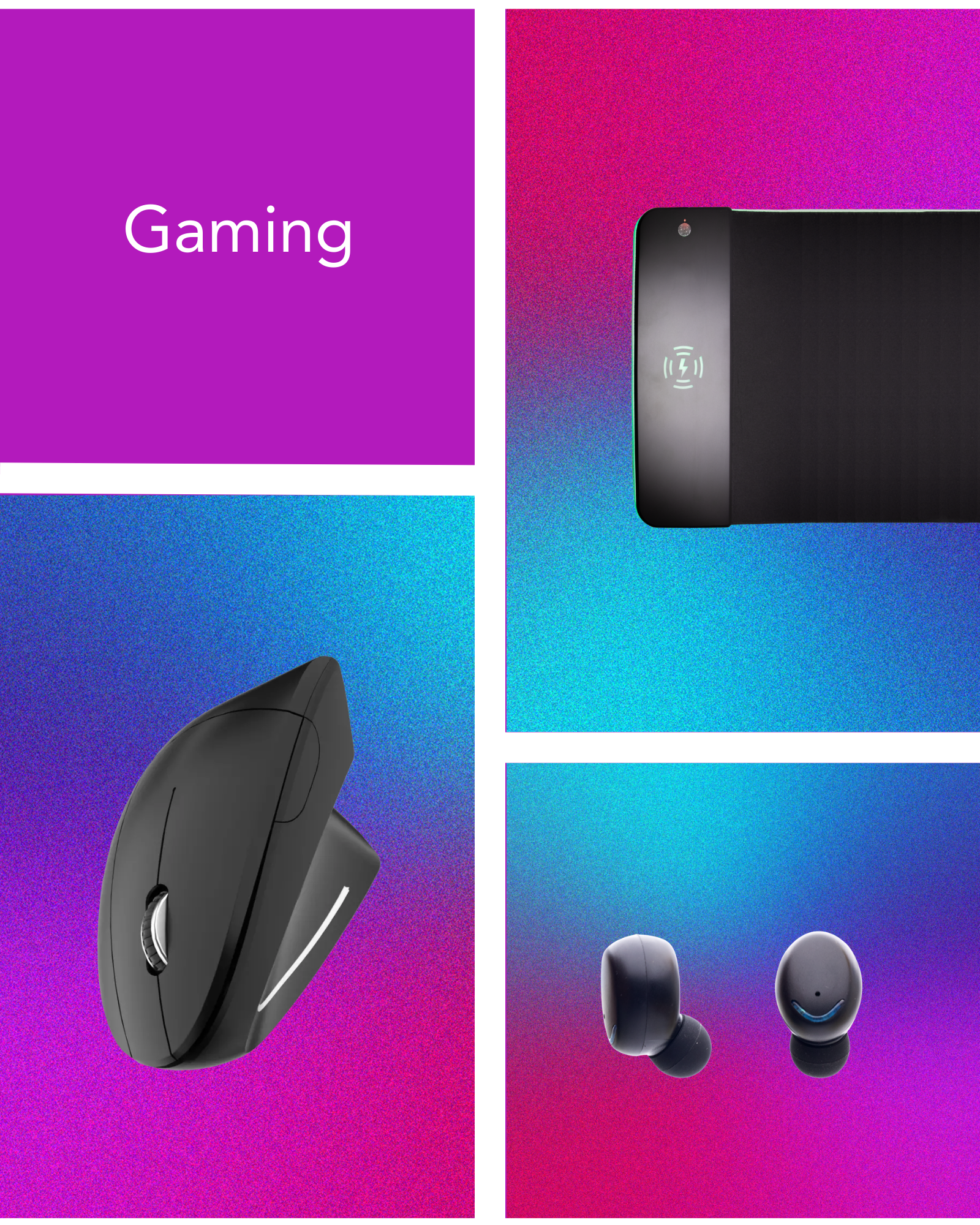 A collage of clevisco gaming product's like the precision ergonomic mouse in the left bottom corner, a gaming mousepad with a wireless charger and rgb lighting in the top right corner and gaming earphones in the bottom right corner.
