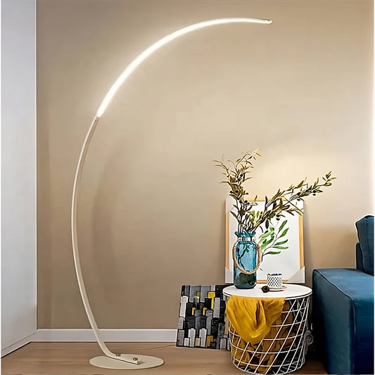 a Clevisco Modern Arc Light placed in a indoor environment beside a few interior decor and furniture like a sofa