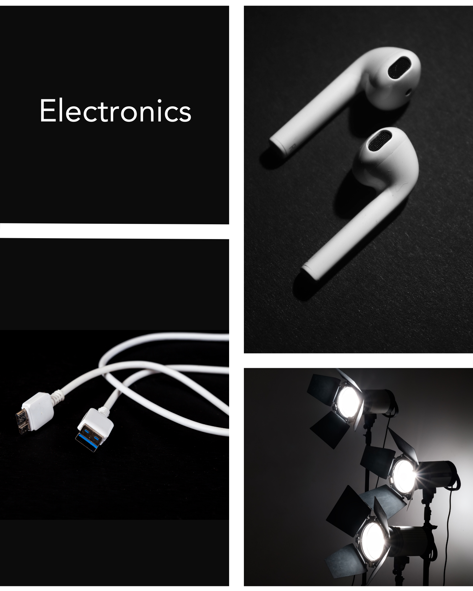 A collage representing a variety of electronic Items like a usb charger cable in the bottom left corner, a pair of earphone in the top right corner and in the bottom right corner there is a image of industrial grade studio lights