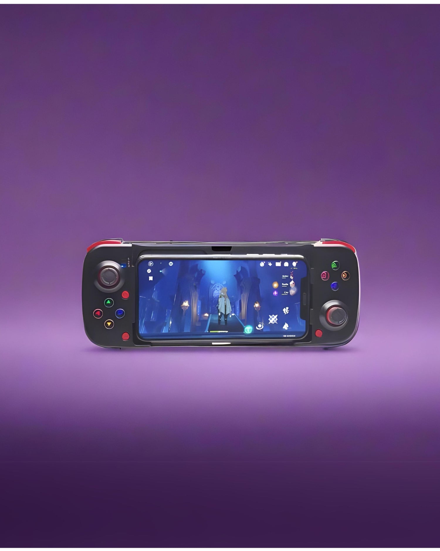  a modern gaming controller, prominently displayed against a dark background. The controller has an ergonomic design with curves for comfortable grip. It features standard buttons, analog sticks, and a directional pad, indicating it’s meant for comprehensive gameplay experiences. The object is illuminated by vibrant purple and blue lights from the sides, creating an aesthetic glow and emphasizing the controller’s shape. The background is dark which makes the colorful illumination stand out even more.