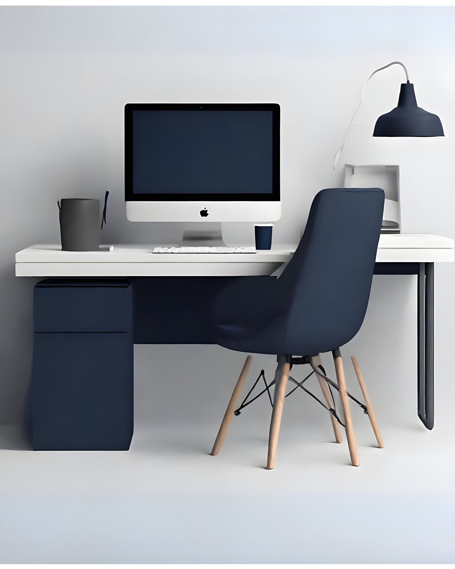 A minimalist Clevisco workspace featuring ergonomic accessories, with a sleek white desk supporting an Apple computer, complemented by a stylish dark blue ergonomic chair and designer lamp, exuding modern efficiency and comfort.