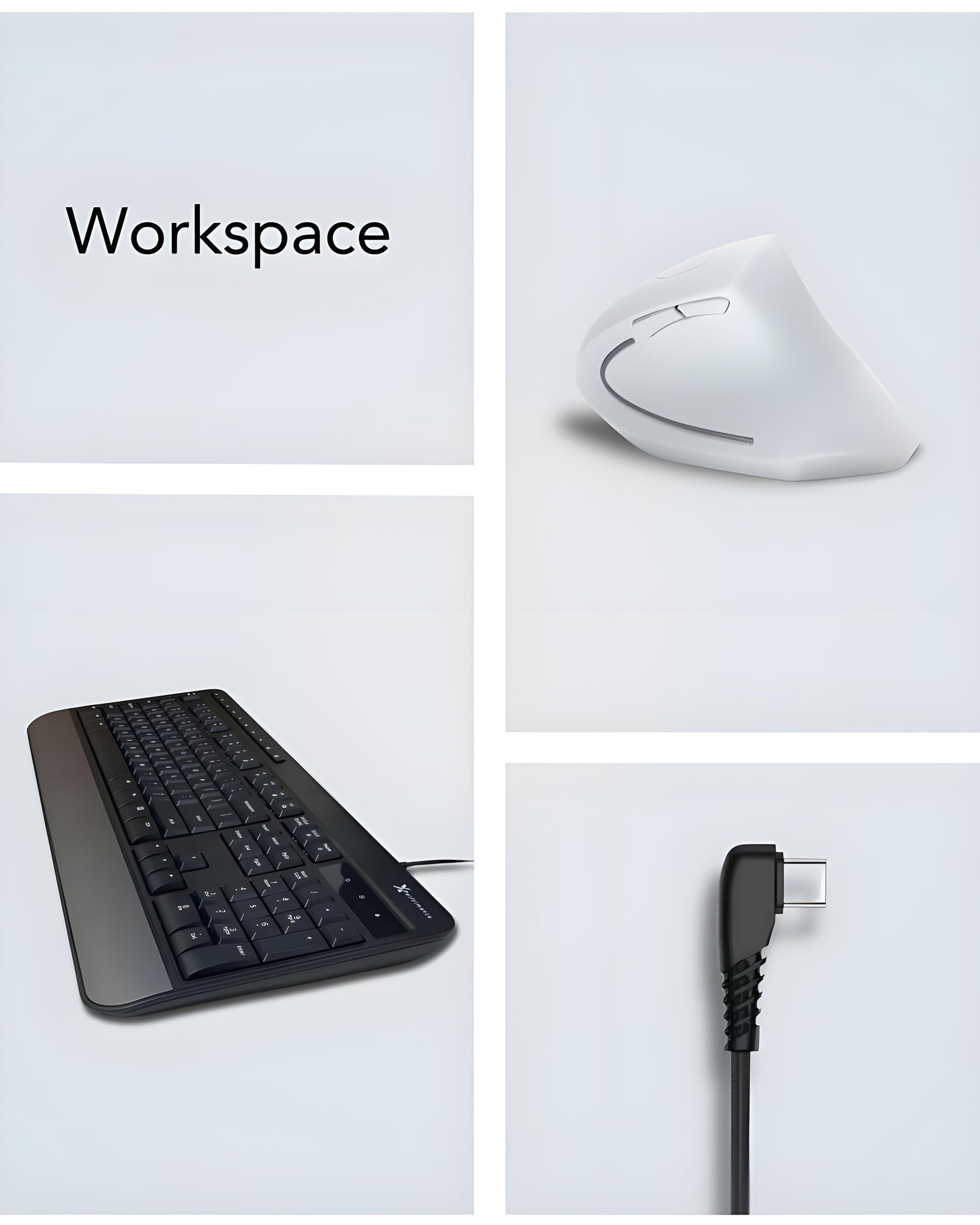 An advertising collage for Clevisco workspace, showcasing ergonomic accessories including a white ergonomic mouse, a sleek black keyboard, and a close-up of a durable USB cable connector, all designed to optimize workspace functionality and comfort.