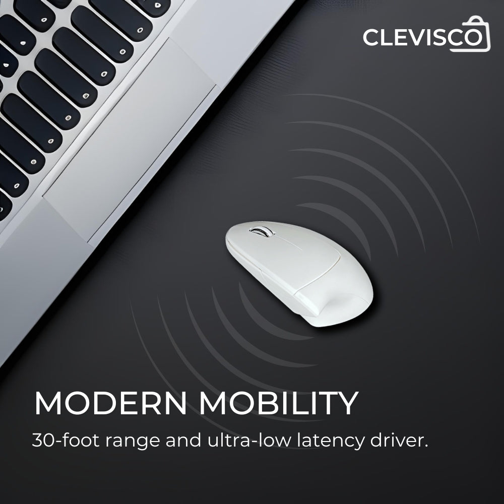 Clevisco's modern, sleek white wireless mouse positioned on a dark surface next to a laptop keyboard, with a caption highlighting 'MODERN MOBILITY' and features such as a 30-foot range and ultra-low latency driver, signifying advanced technology for the efficient Clevisco workspace