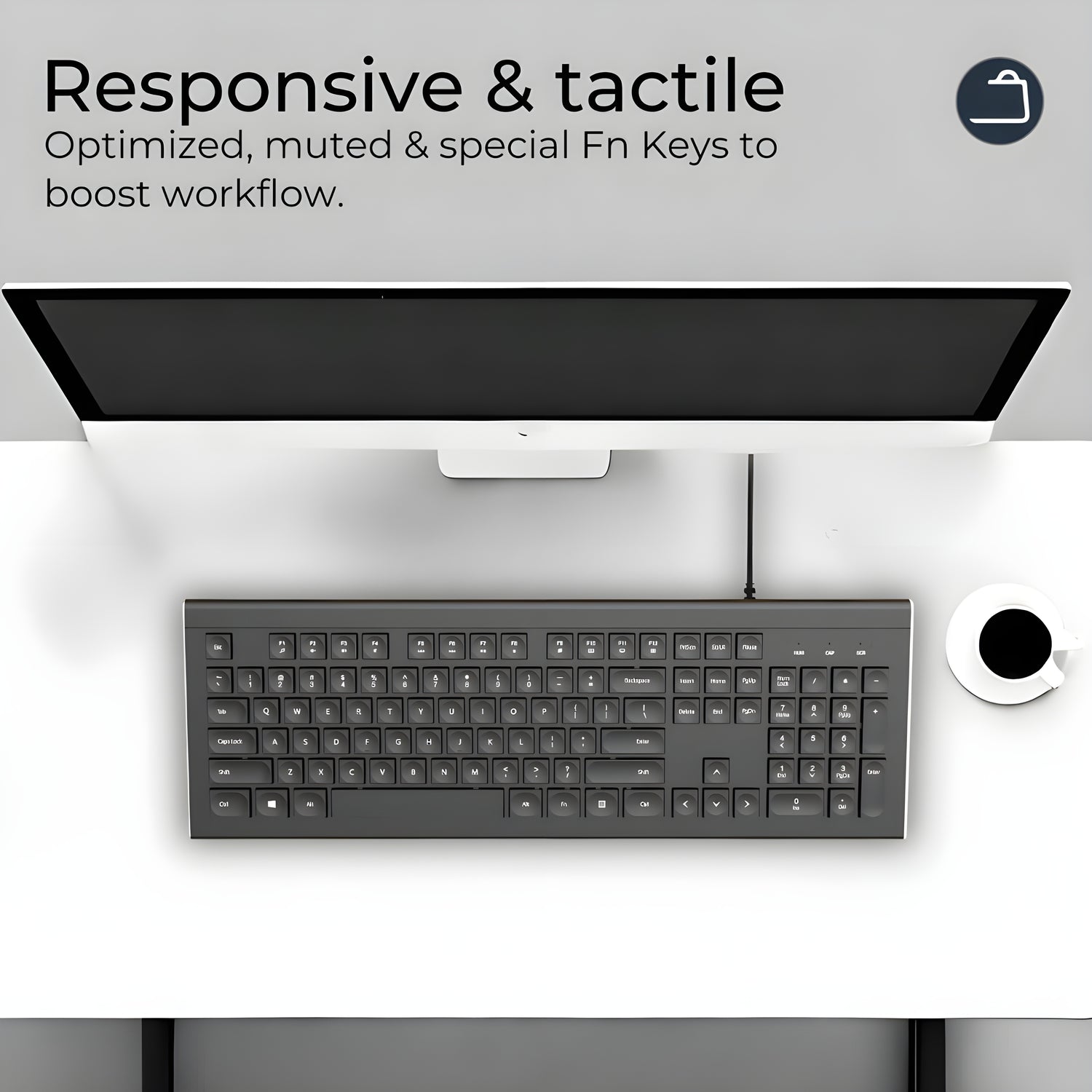 Overhead view of a Clevisco workspace featuring an ergonomic keyboard, streamlined for enhanced workflow, with function keys prominently displayed, set against a modern, minimalist desk setup with a cup of coffee to the side. Infographic : Responsive & tactile, caption optimized,muted,& special Fn keys to boost workflow.