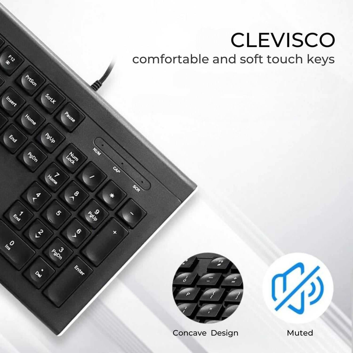 The image showcases a Clevisco ergonomic keyboard with comfortable and soft touch keys in a workspace. The keyboard’s sleek design and the concave design of the keys are highlighted. The image emphasizes quiet typing, making the workspace efficient and relaxed.