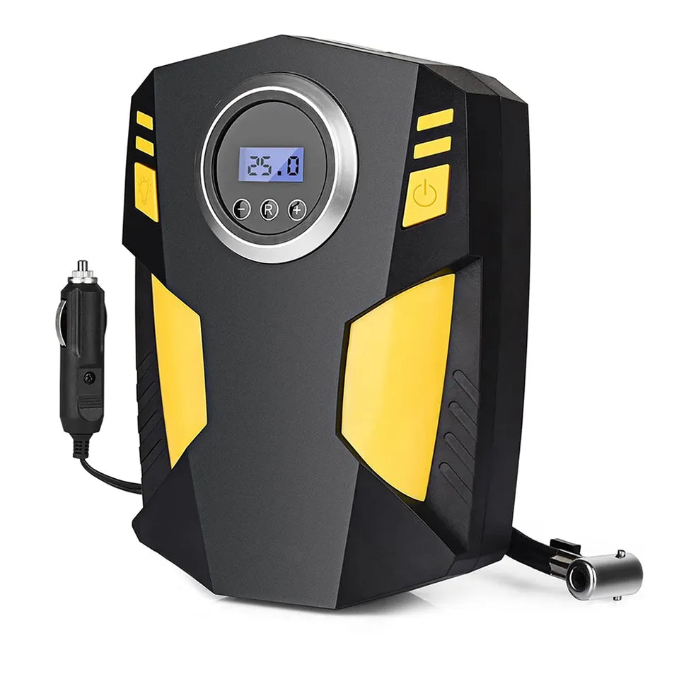 a Clevisco Air Compressor black in colour with yellow accents along with its 12V power adapter and  air outlet