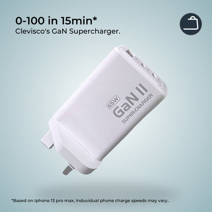 a 65 Watt clevisco GaN supercharger floating in a light open space and text providing the charging information of the charger for a iPhone 13 pro max of the charging speed of 100% in 15 minutes