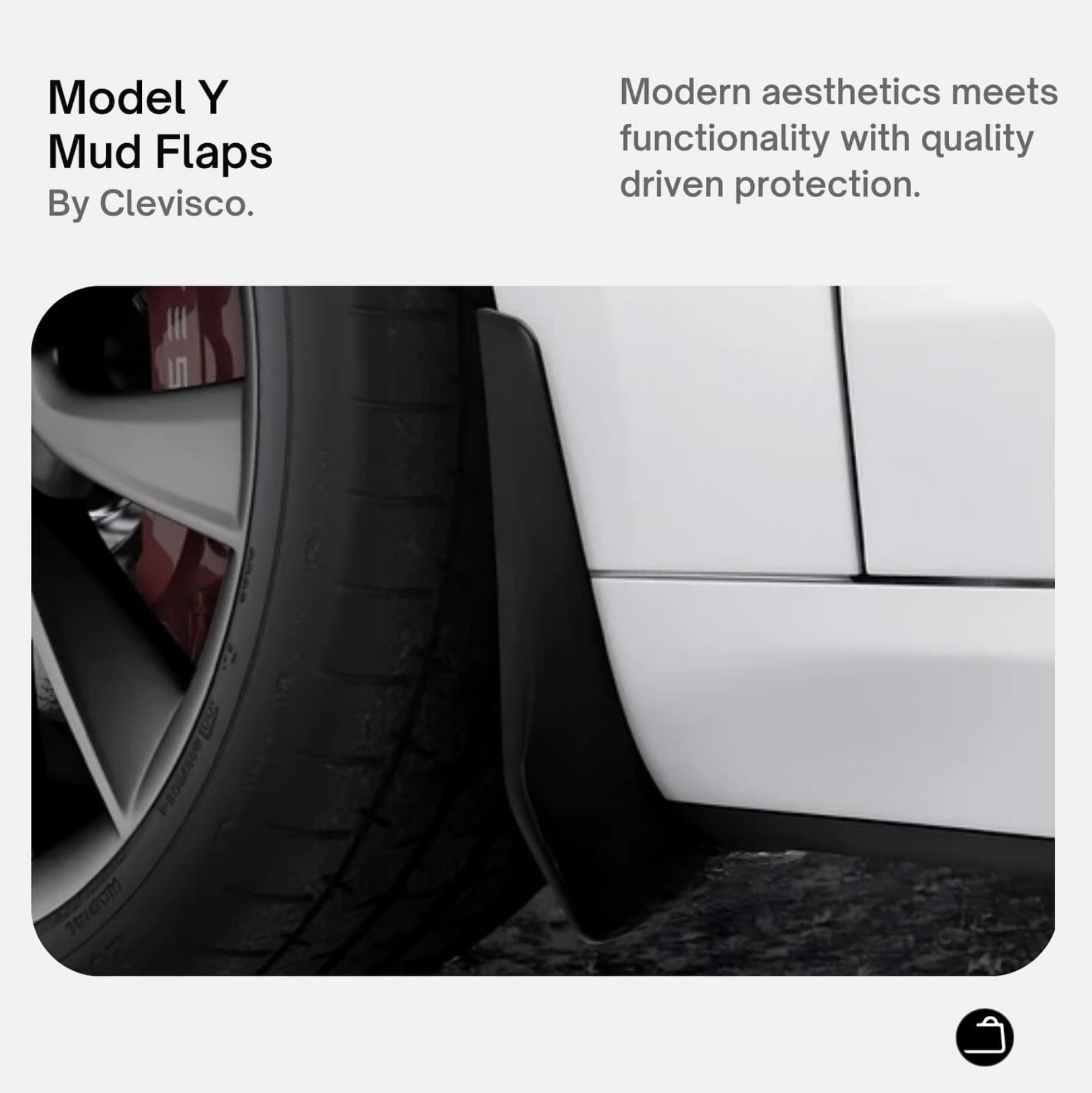 Showcasing Clevisco Tesla Mud Flaps for Model Y, emphasizing modern aesthetics and functionality as part of the quality-driven Tesla accessories collection by Clevisco.