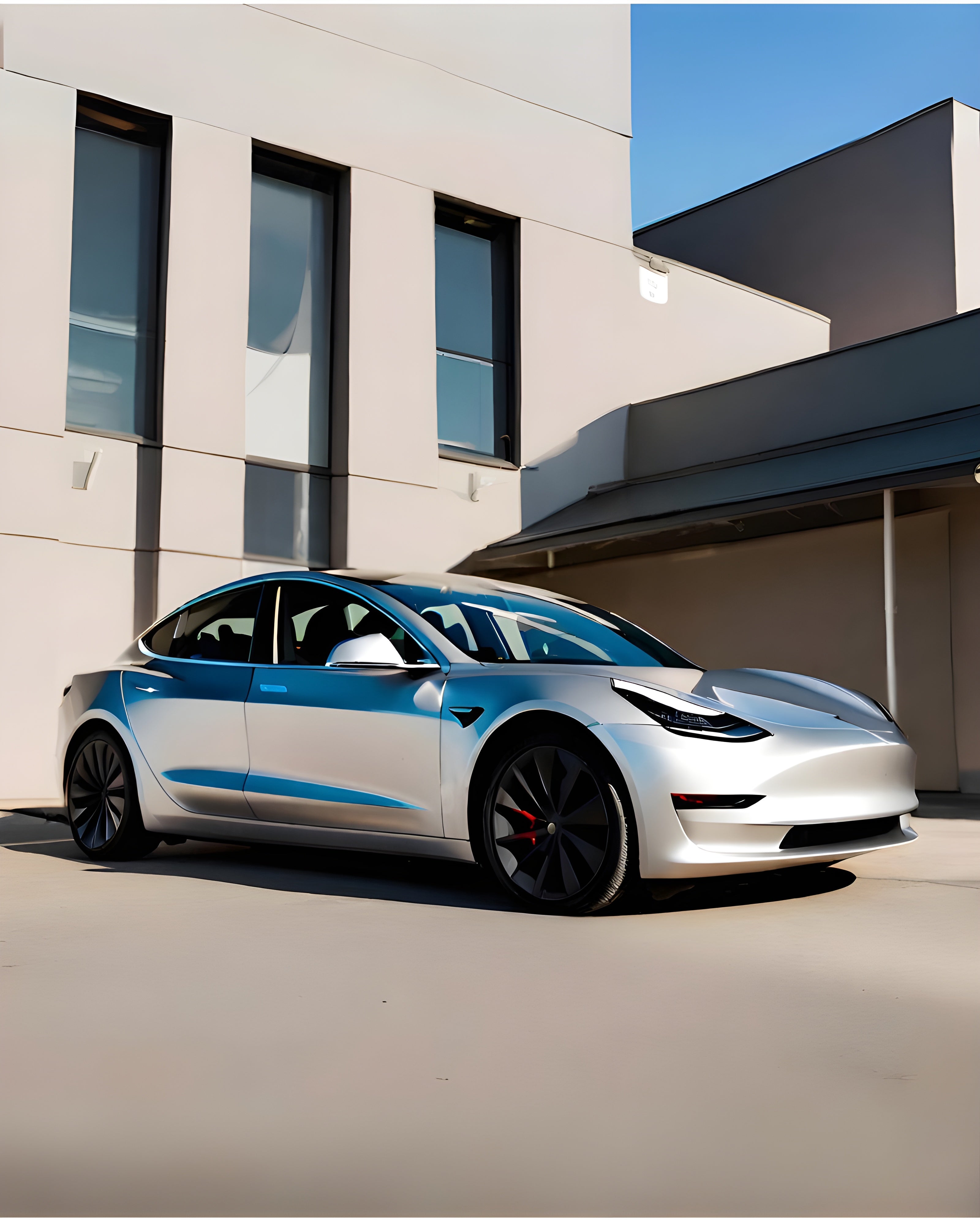  a tesla model 3 parked outside a contemporary building with large windows and beige walls, under a clear sky. The car has a streamlined design, with black and blue accents along the sides and wheels. The building has large, dark tinted windows and is painted in light beige color. 