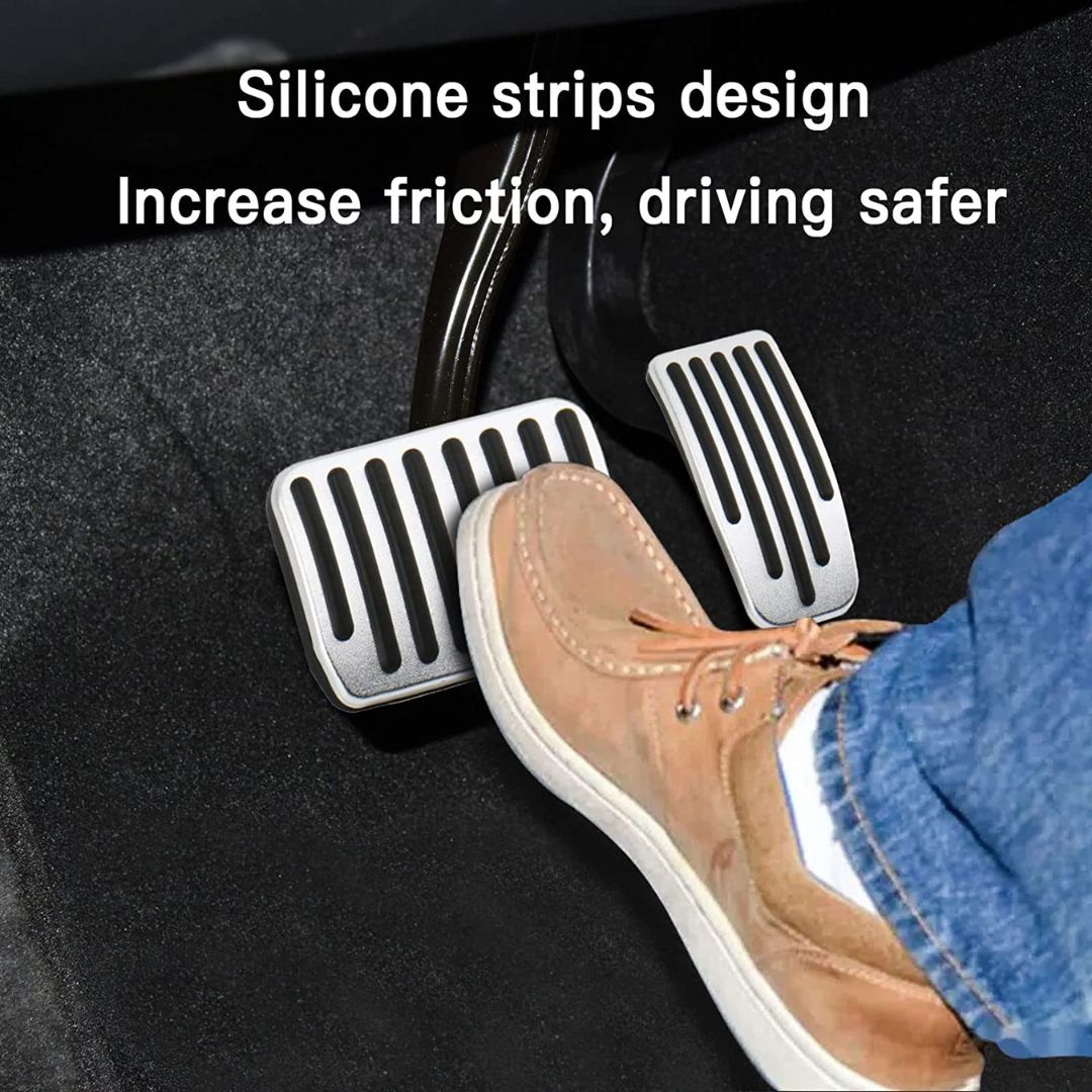 a person with green shoe putting pressure on the Clevisco Aluminum pedal along with a text that says silicon stripe design and increase friction drive safer.