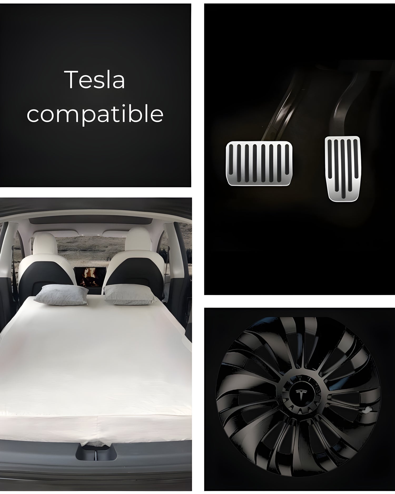 A promotional collage for Clevisco Automotive's Tesla-compatible accessories. Featured are sleek pedal covers, a bespoke car mattress for Tesla interiors, and a glossy wheel cover with the Tesla emblem, all emphasizing quality and design.